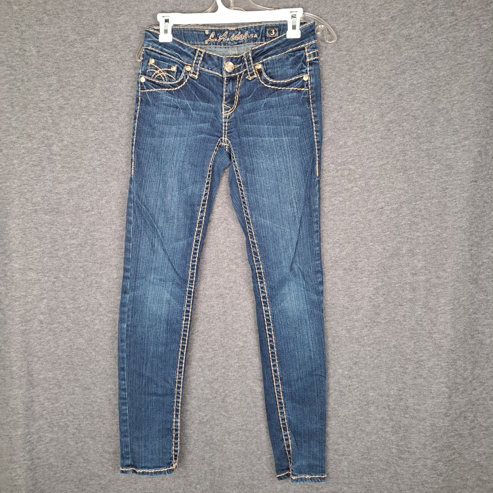 LA IDOL USA Women's Juniors Med Wash Skinny Jeans Size‎ 3 Bling Flap Bejeweled